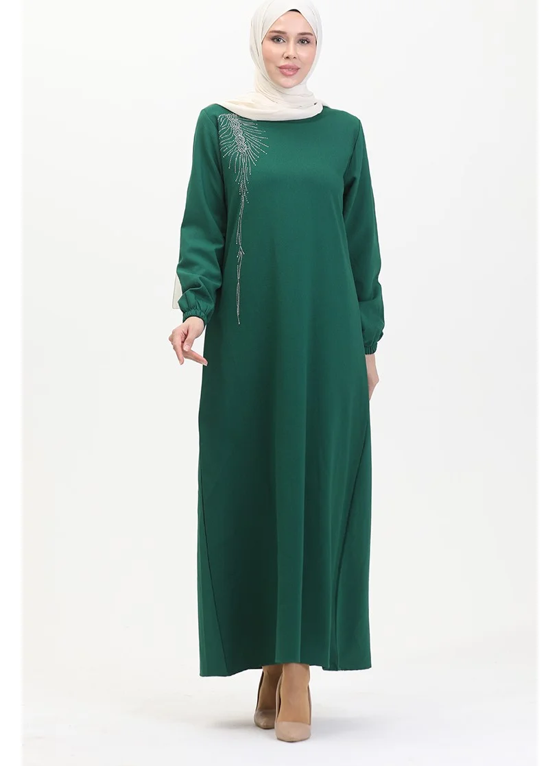 Sefa Merve Stone Crepe Evening Dress 0480-04 Emerald Green