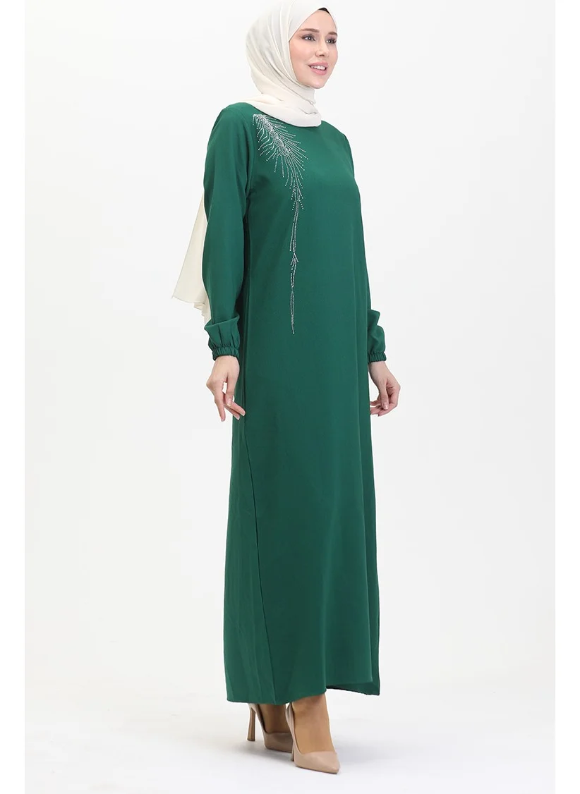 Sefa Merve Stone Crepe Evening Dress 0480-04 Emerald Green