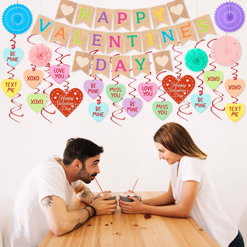 Renbuzhu 32PCS Valentines Day Decorations Happy Valentine â€˜s Day Banners Hanging Swirls Paper Fans Pom Pom Conversation Hearts Party Decor Classroom Office Supplies - Image 2