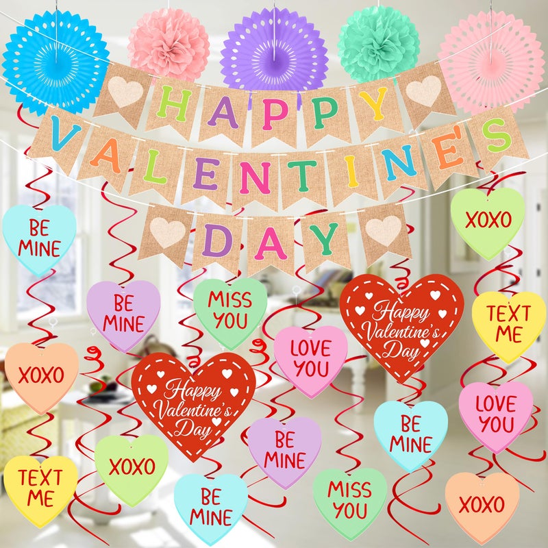 Renbuzhu 32PCS Valentines Day Decorations Happy Valentine â€˜s Day Banners Hanging Swirls Paper Fans Pom Pom Conversation Hearts Party Decor Classroom Office Supplies - Image 1