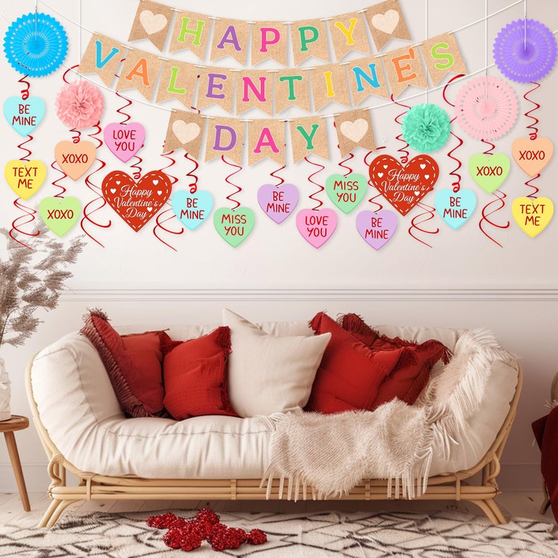 Renbuzhu 32PCS Valentines Day Decorations Happy Valentine â€˜s Day Banners Hanging Swirls Paper Fans Pom Pom Conversation Hearts Party Decor Classroom Office Supplies - Image 5