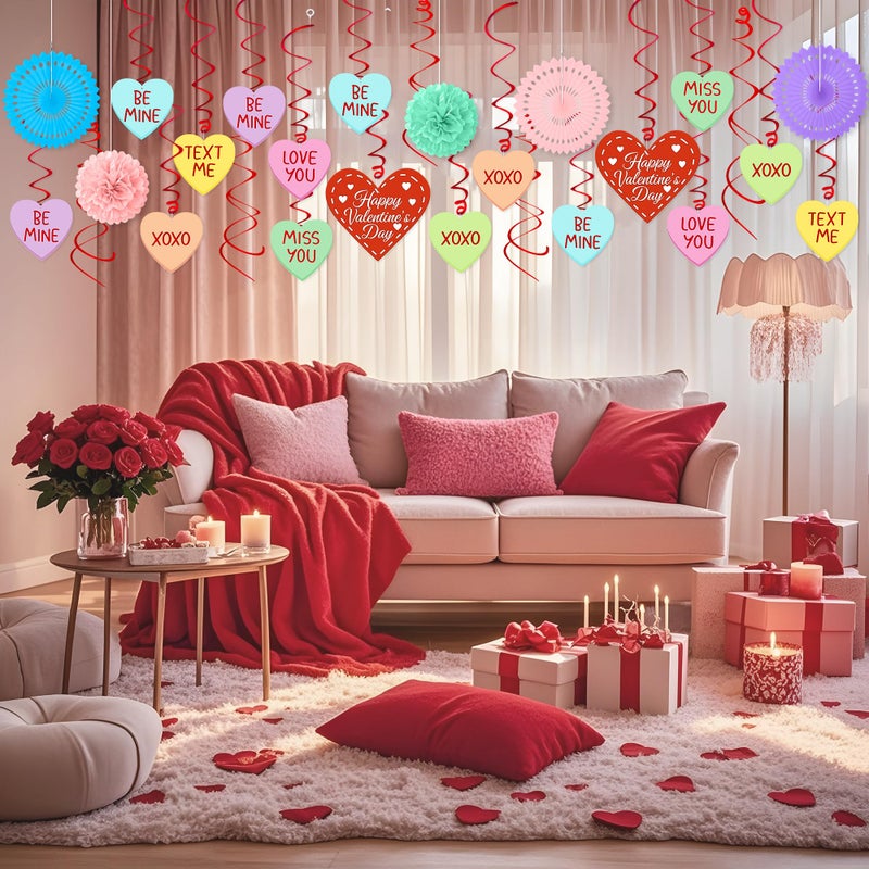 Renbuzhu 32PCS Valentines Day Decorations Happy Valentine â€˜s Day Banners Hanging Swirls Paper Fans Pom Pom Conversation Hearts Party Decor Classroom Office Supplies - Image 4
