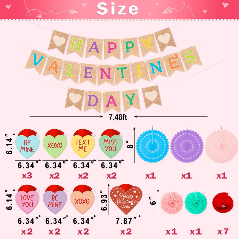 Renbuzhu 32PCS Valentines Day Decorations Happy Valentine â€˜s Day Banners Hanging Swirls Paper Fans Pom Pom Conversation Hearts Party Decor Classroom Office Supplies - Image 3