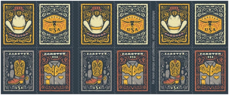 USPS Western Wear 2021 (Book of 20) First-Class Mail Forever Postage Stamps (Cowboy Hat, Belt Buckle, Cowboy Boot with Spur, Western Shirt) - Image 2