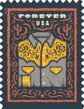 USPS Western Wear 2021 (Book of 20) First-Class Mail Forever Postage Stamps (Cowboy Hat, Belt Buckle, Cowboy Boot with Spur, Western Shirt) - Image 5