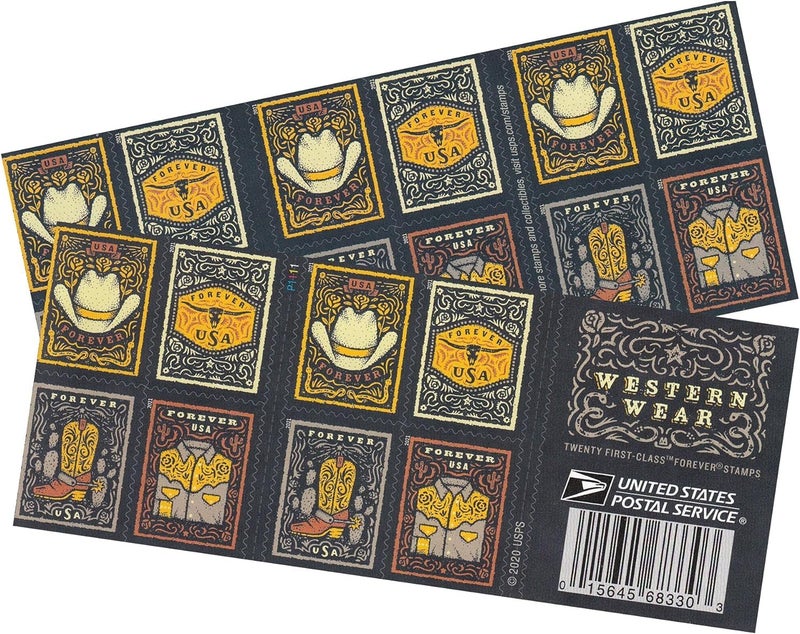 USPS Western Wear 2021 (Book of 20) First-Class Mail Forever Postage Stamps (Cowboy Hat, Belt Buckle, Cowboy Boot with Spur, Western Shirt) - Image 1