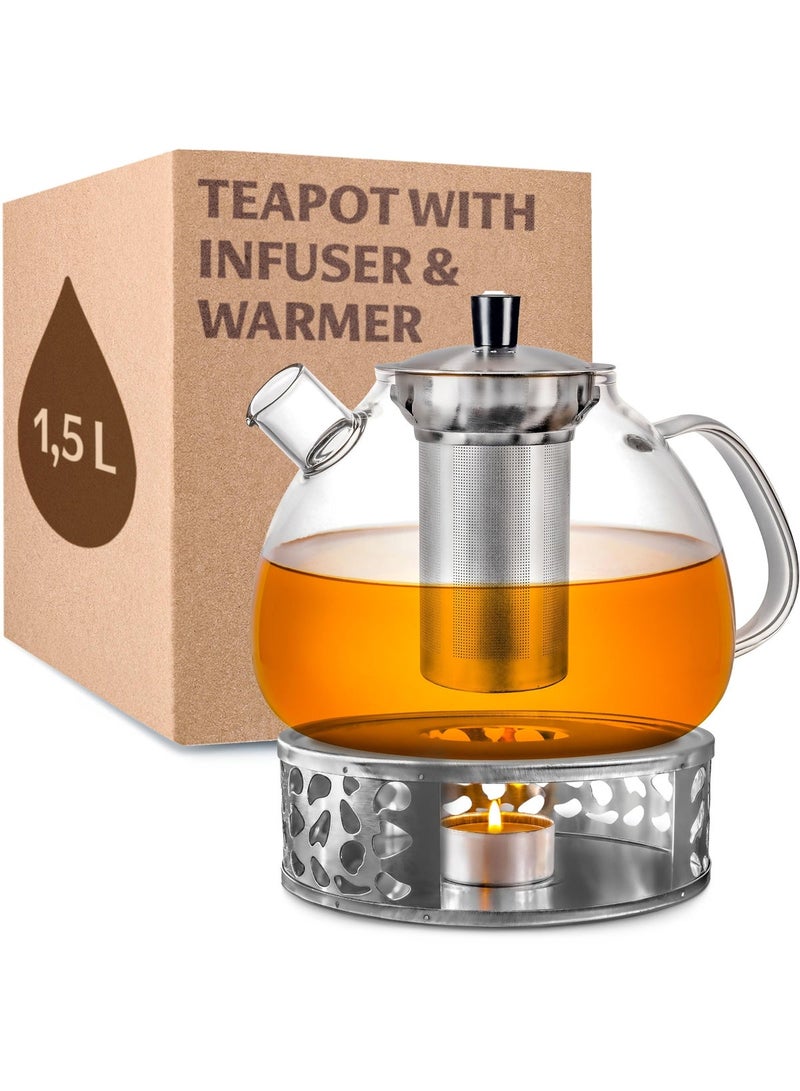 BOAO Teapot with Infuser and Warmer - 1.5 Liters - Long-Lasting Heat - Dishwasher Safe - Large Glass Tea  Maker - Image 1