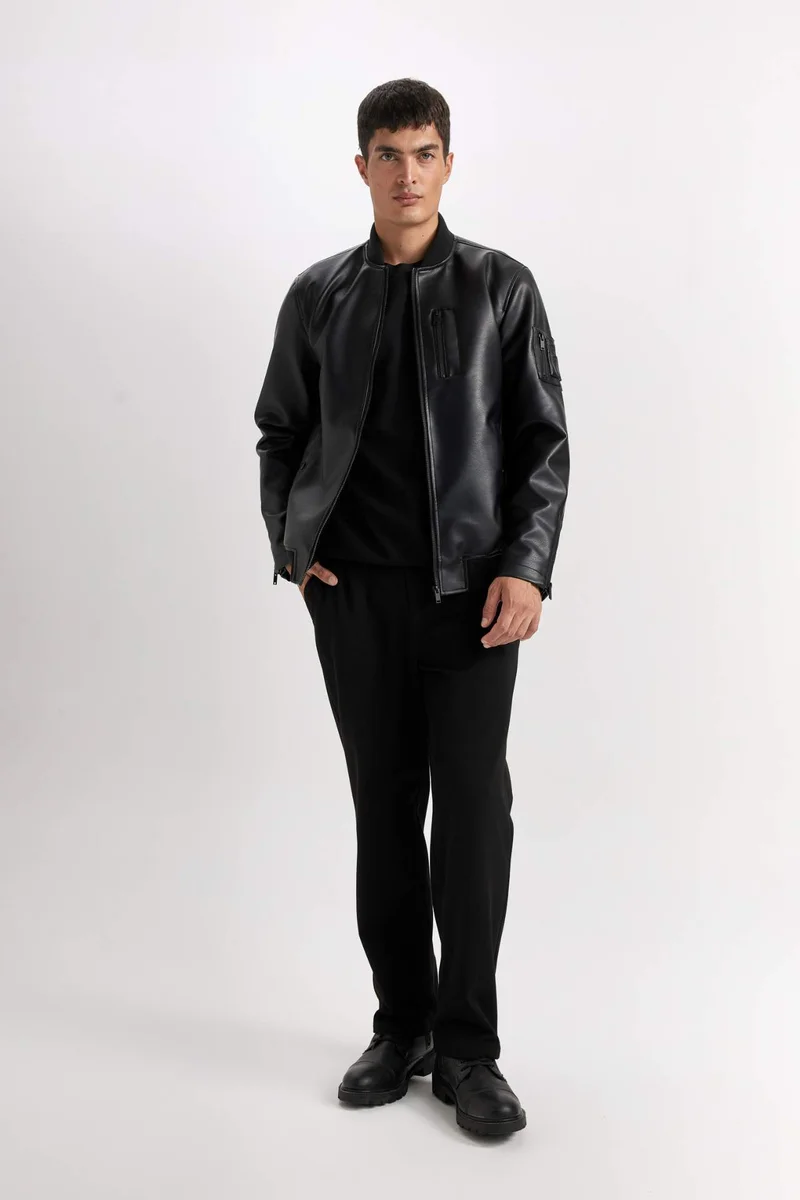 ديفاكتو Faux Leather College Collar Seasonal Waterproof Bomber Jacket