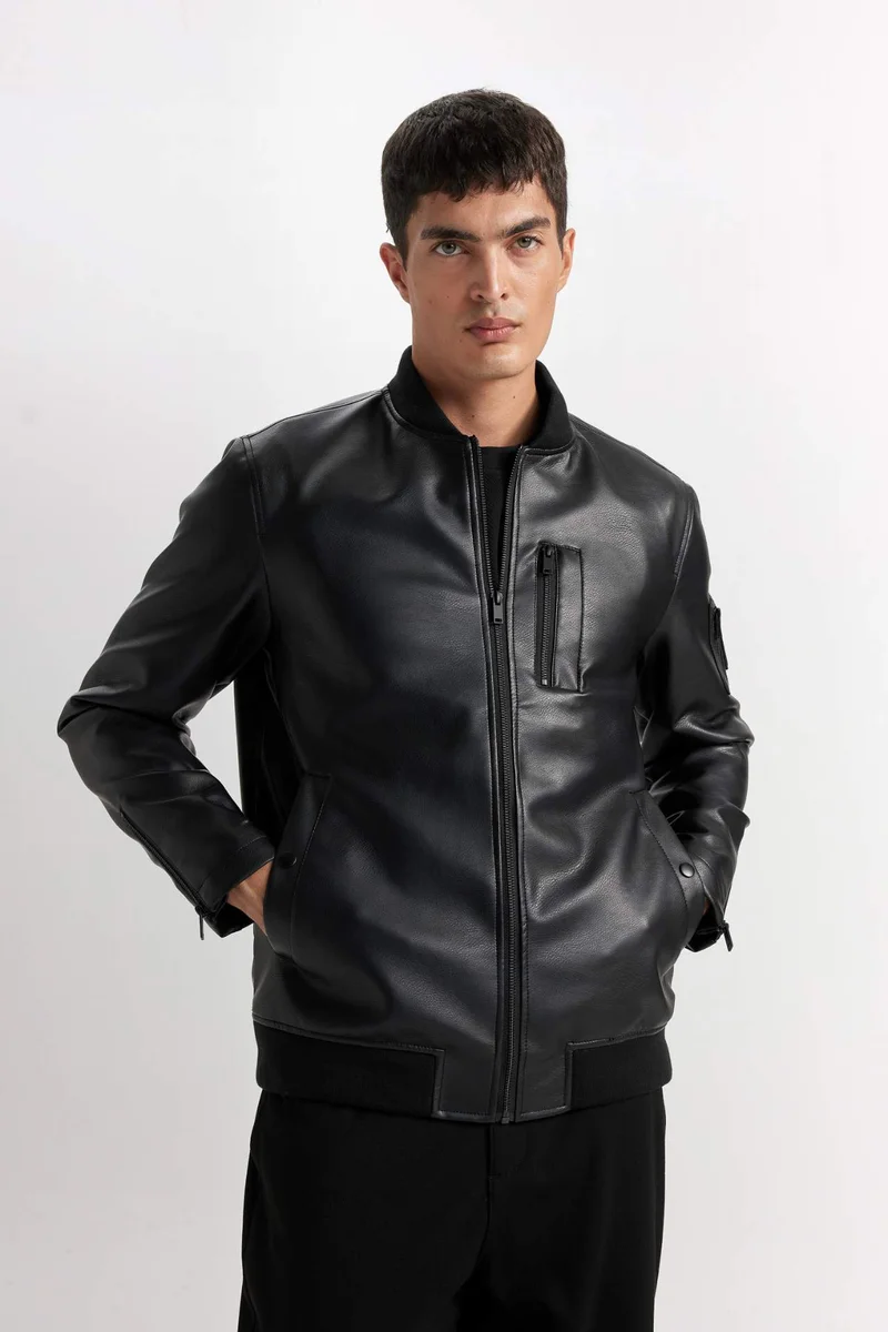 ديفاكتو Faux Leather College Collar Seasonal Waterproof Bomber Jacket