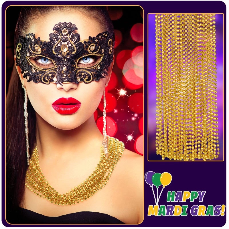 Junkin 24 Pieces Metallic Beads Necklace Graduation Necklace 33 Inch 7 mm Mardi Gras Round Beads Garland Costume Necklace Accessory for Halloween Christmas Operation Showbox  Party Favor(Gold) - Image 5