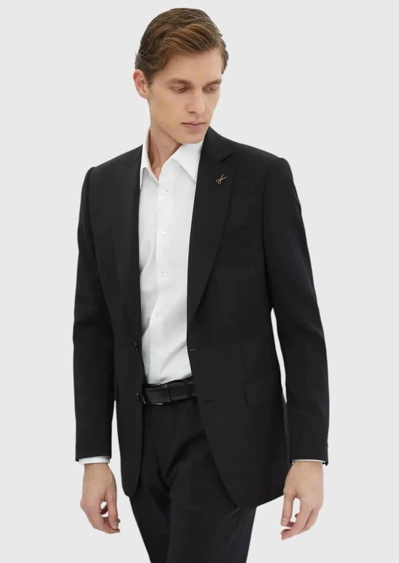 RAMSEY Black Plain Thin&Taller Slim Fit 100% Wool Suit