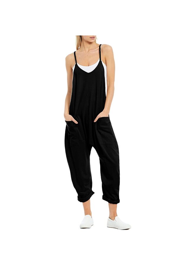 جمبسوت نسائي فضفاض كاجوال برقبة على شكل حرف V بدون أكمام وحمالات رفيعة قابلة للتعديل وبنطلون طويل مع جيوب (أسود/XL) - Image 1