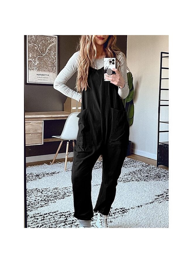 جمبسوت نسائي فضفاض كاجوال برقبة على شكل حرف V بدون أكمام وحمالات رفيعة قابلة للتعديل وبنطلون طويل مع جيوب (أسود/XL) - Image 2