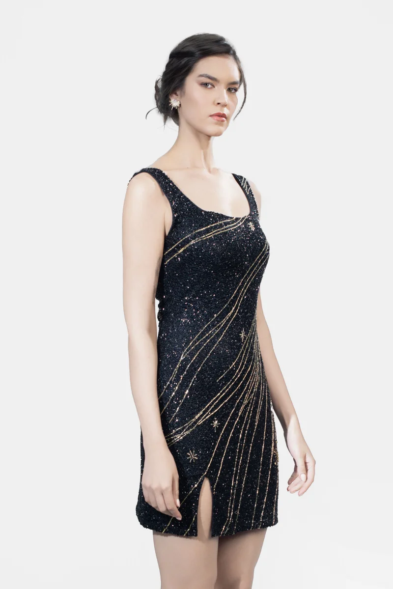 زيافي فستان قصير مطرز بالكامل يدويًا سماوي