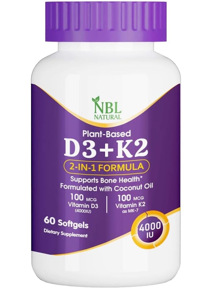 NBL Natural Vitamin D3 Plus K2 With Organic Coconut- 60 Softgels For Hair, Bone Health, Immunity Booster  - Image 1