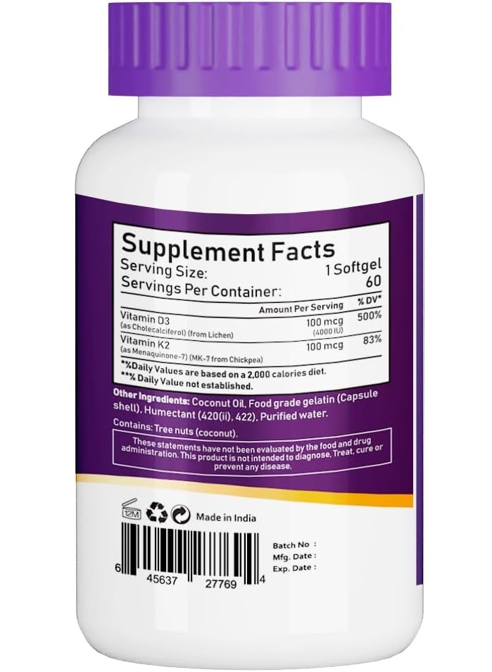 Nbl Natural Vitamin D3 Plus K2 With Organic Coconut Softgels 60'S