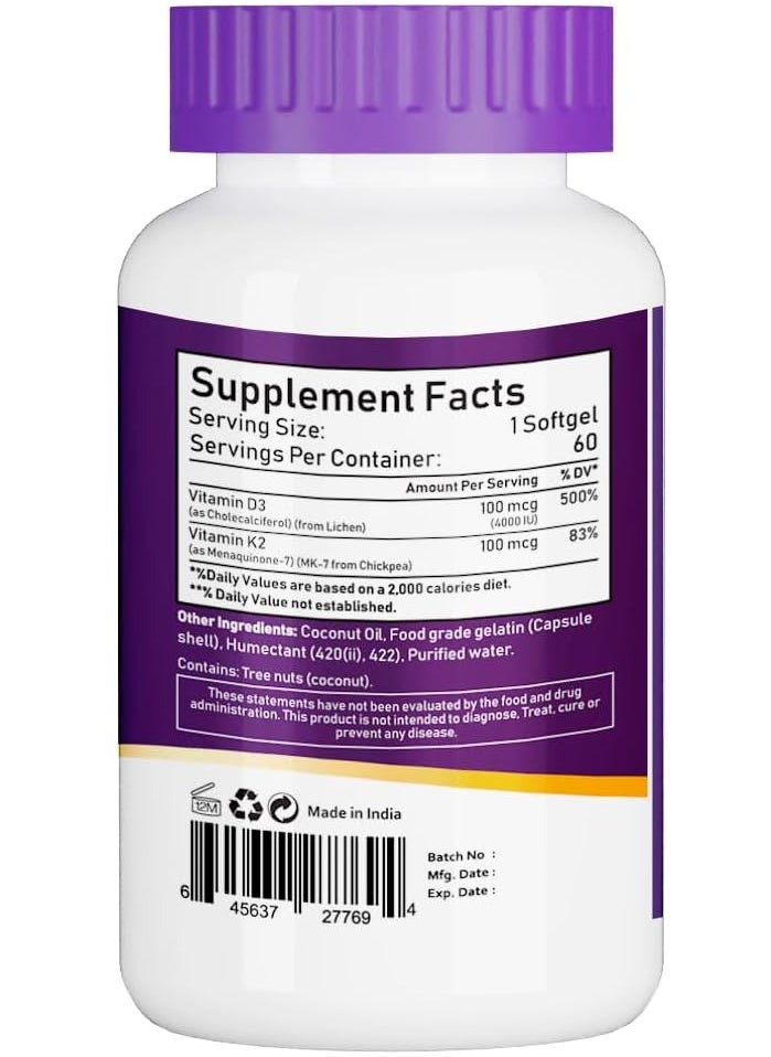 NBL Natural Vitamin D3 Plus K2 With Organic Coconut- 60 Softgels For Hair, Bone Health, Immunity Booster  - Image 2
