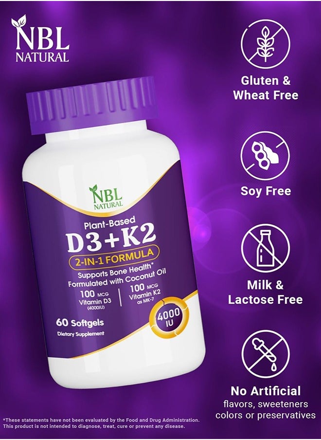NBL Natural Vitamin D3 Plus K2 With Organic Coconut- 60 Softgels For Hair, Bone Health, Immunity Booster  - Image 5