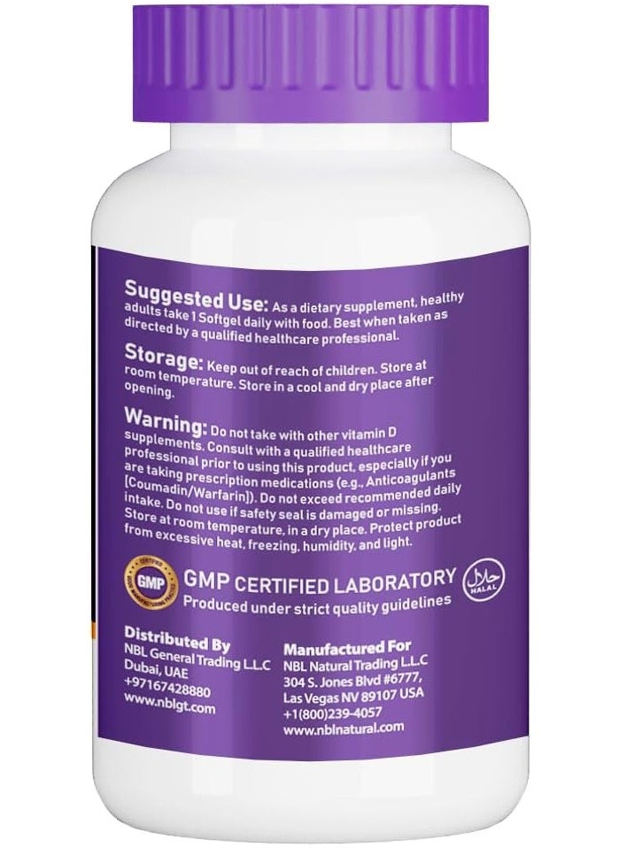 NBL Natural Vitamin D3 Plus K2 With Organic Coconut- 60 Softgels For Hair, Bone Health, Immunity Booster  - Image 3