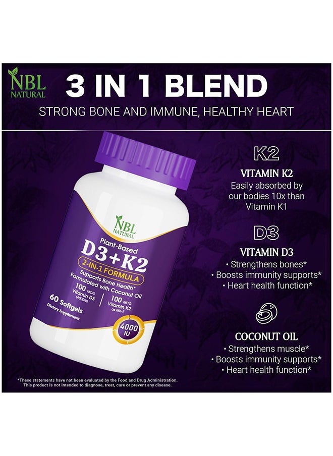 NBL Natural Vitamin D3 Plus K2 With Organic Coconut- 60 Softgels For Hair, Bone Health, Immunity Booster  - Image 4