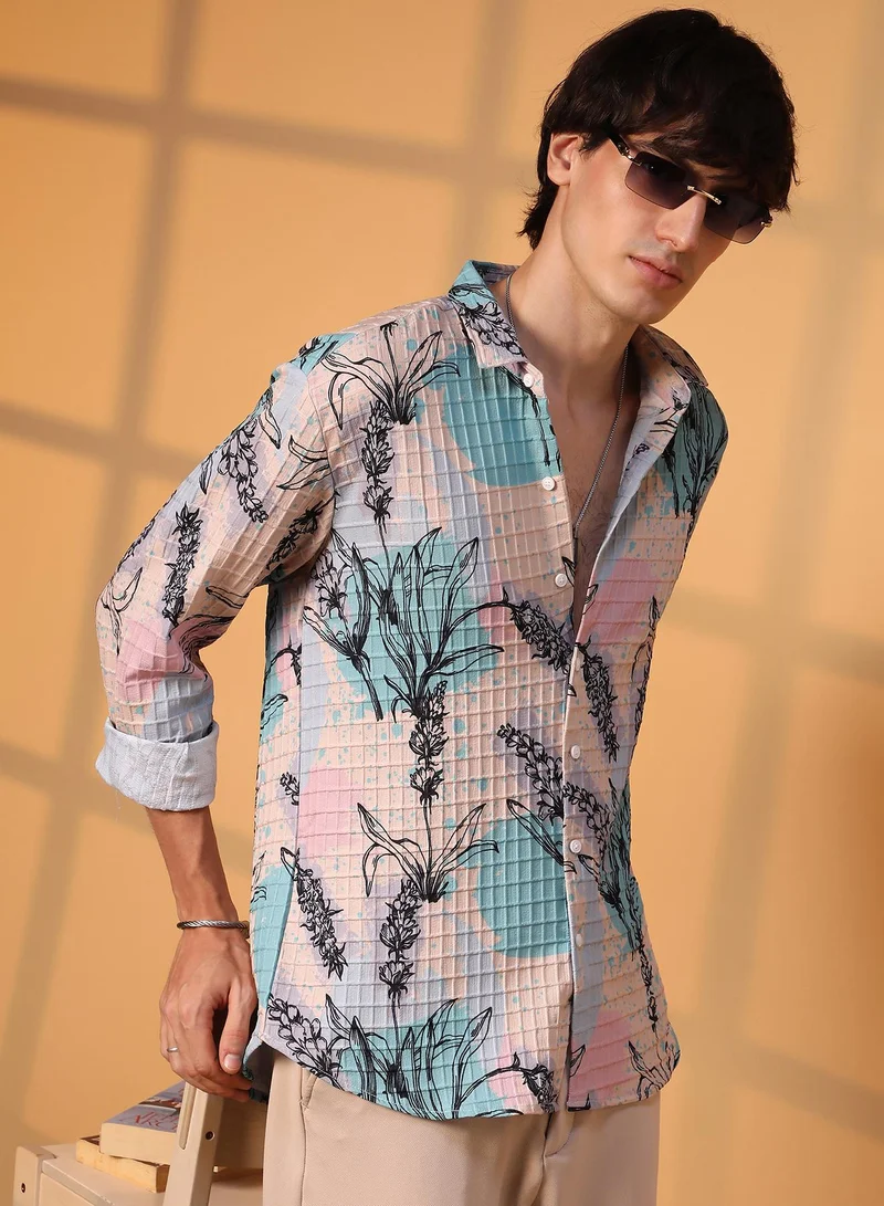 كامبوس سوترا قميص رجالي بنقشة ربيعية متعددة الألوان