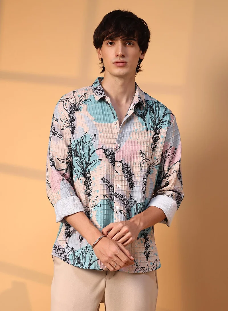 كامبوس سوترا قميص رجالي بنقشة ربيعية متعددة الألوان