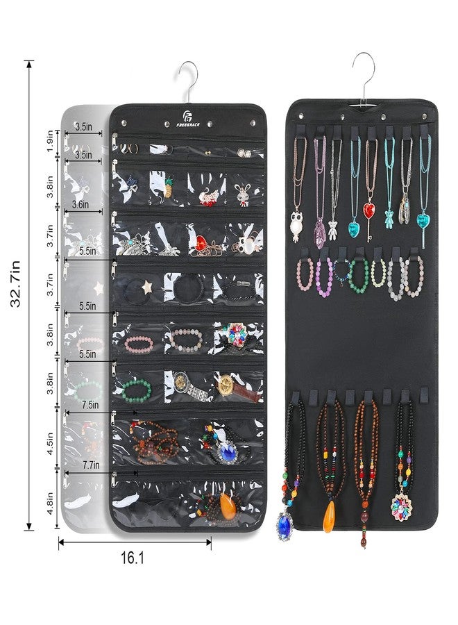 Freegrace Hanging Jewelry Organizer Revolving Hanger - Secure Zipper Closure - 25 Pockets,23 Hooks - Foldable Storage & Display Solution - for All Jewelry & Bijoux (Black) - Image 2