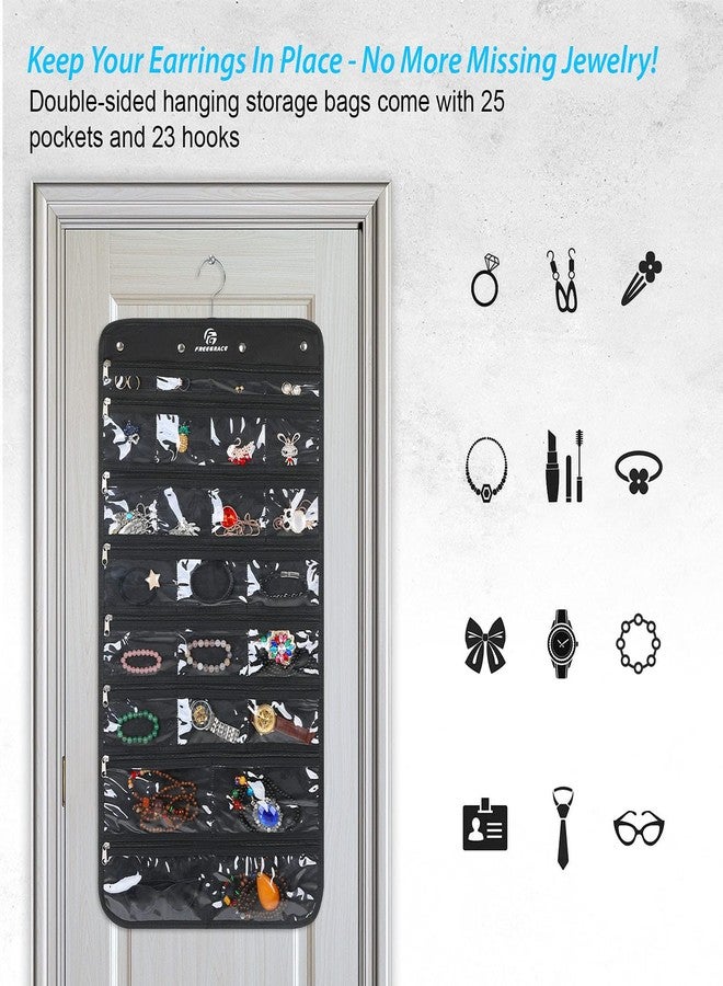 Freegrace Hanging Jewelry Organizer Revolving Hanger - Secure Zipper Closure - 25 Pockets,23 Hooks - Foldable Storage & Display Solution - for All Jewelry & Bijoux (Black) - Image 4