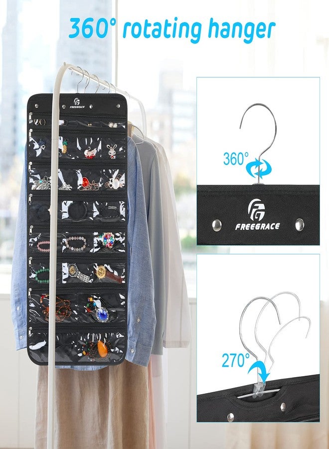 Freegrace Hanging Jewelry Organizer Revolving Hanger - Secure Zipper Closure - 25 Pockets,23 Hooks - Foldable Storage & Display Solution - for All Jewelry & Bijoux (Black) - Image 5