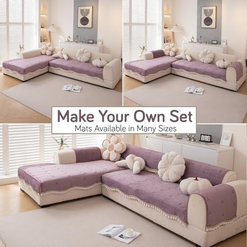 HOKIPO Premium Dutch Velvet Sofa Cover Mat with Frill | Make Your Own Sofa Cover Set, Mat Length 90(D) x 220(L) cm, Wisteria Lilac (AR-5741-PR) - Image 4