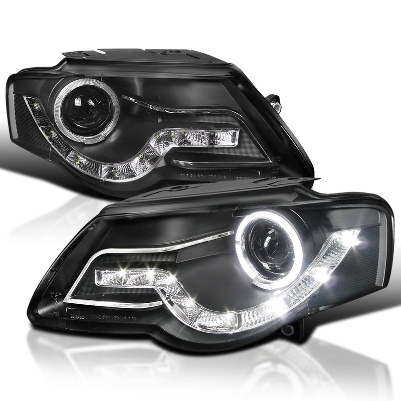 SPECD TUNING Black Halo Projector Headlights R8 Sty LED Lamps Compatible with 20062010 Volkswagen Passat Left Right Pair Headlamps Assembly