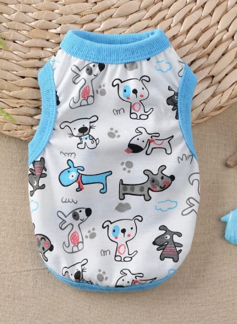 Generic Spring Wear Collection Summery Fashion Prints Vest Clothes with Round Neck for Cats and Dogs White colour with Blue Dog Print Medium size 