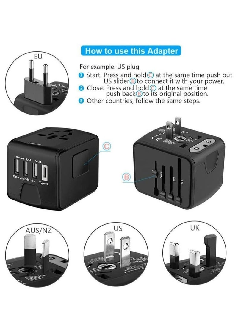 Generic - Universal Travel Adapter with Multiple Regional Power Socket Plugs for UK US AU and Plug Adaptor with 3 Ultra-Fast USB Charging Port and 1 Brisk USB Type C Port (Black) - Image 1