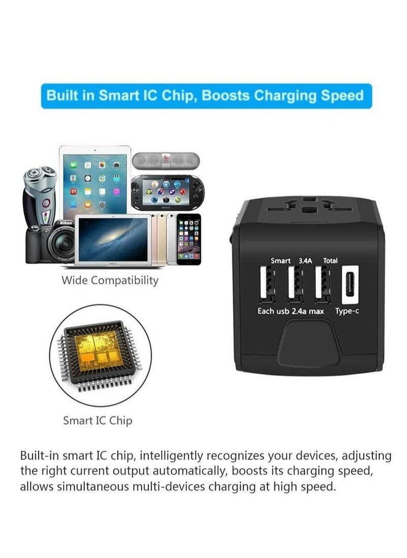 Generic - Universal Travel Adapter with Multiple Regional Power Socket Plugs for UK US AU and Plug Adaptor with 3 Ultra-Fast USB Charging Port and 1 Brisk USB Type C Port (Black) - Image 1