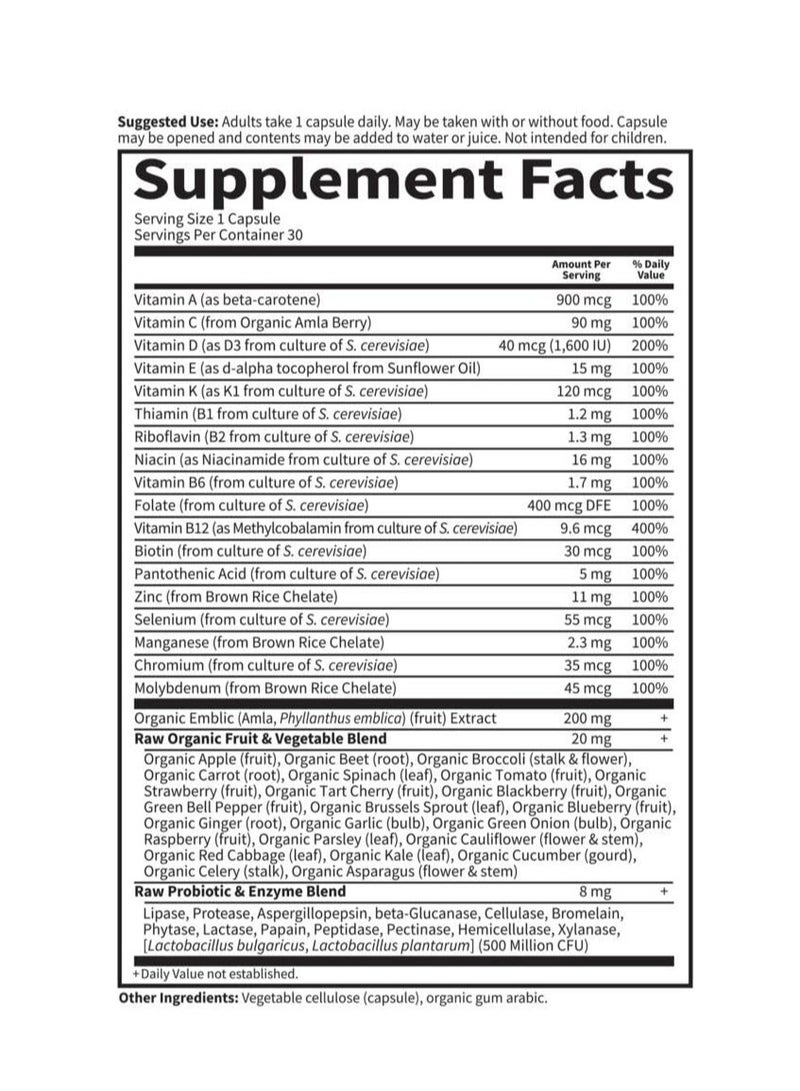 جاردن أوف لايف فيتامين كود رو وان للرجال، فيتامينات متعددة للرجال مرة واحدة يوميًا، فيتامينات للرجال بالإضافة إلى فواكه وخضراوات وبروبيوتيك لصحة الرجال، فيتامينات متعددة نباتية للرجال، 30 كبسولة - Image 2