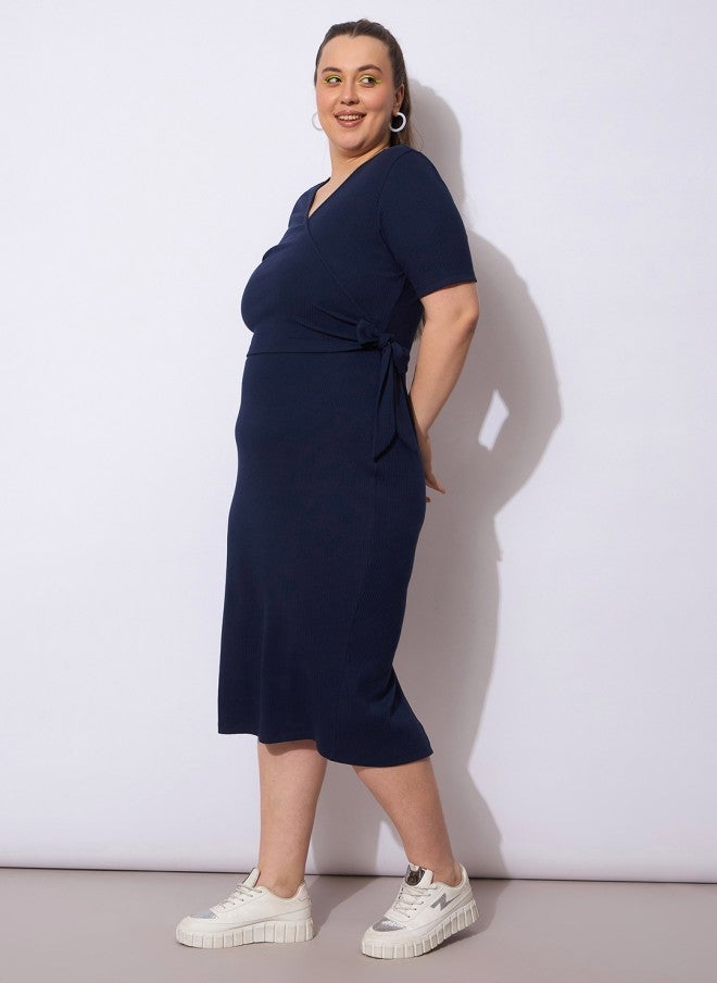 ساسافراس فستان ميدي أزرق كحلي سادة بلف - Image 3