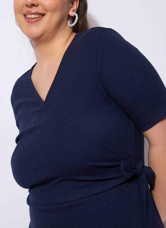 ساسافراس فستان ميدي أزرق كحلي سادة بلف - Image 2