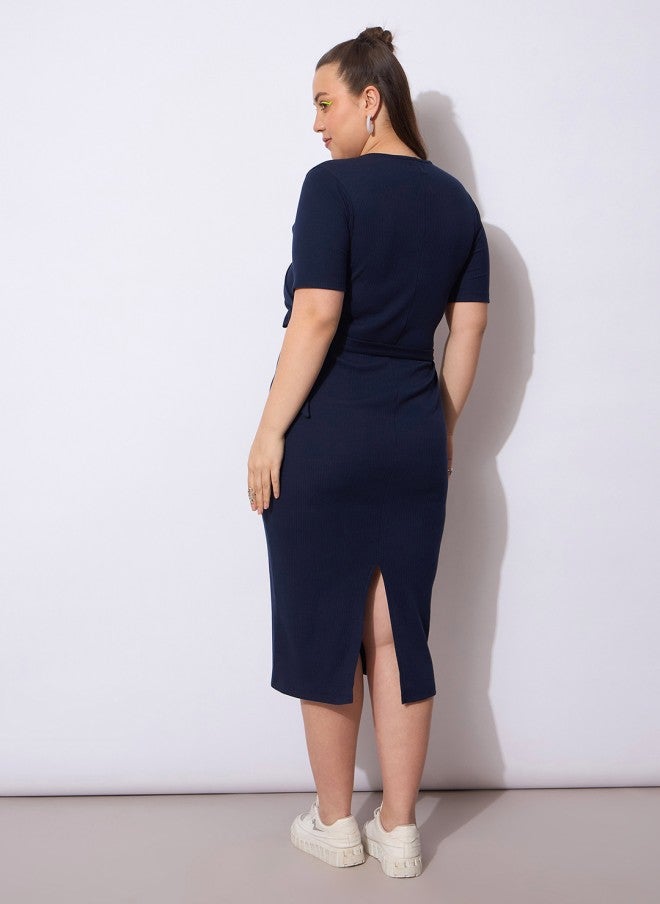 ساسافراس فستان ميدي أزرق كحلي سادة بلف - Image 4