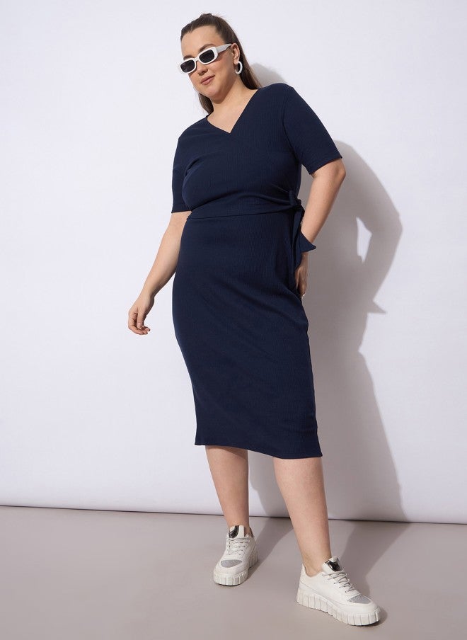 ساسافراس فستان ميدي أزرق كحلي سادة بلف - Image 1