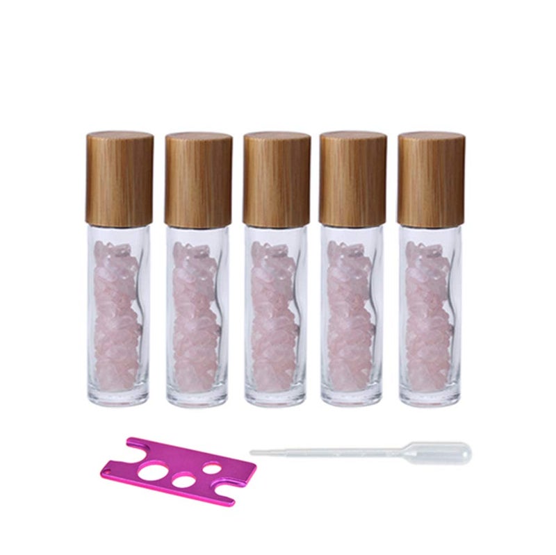 5 Pack 10ml Clear Roll On Bottles With Natural Chakra Crystal Chips for Essential OilsPerfume Glass Roller Bottles Container Bamboo LidCrystal RollerPipetteOpener Included Rose Quartz
