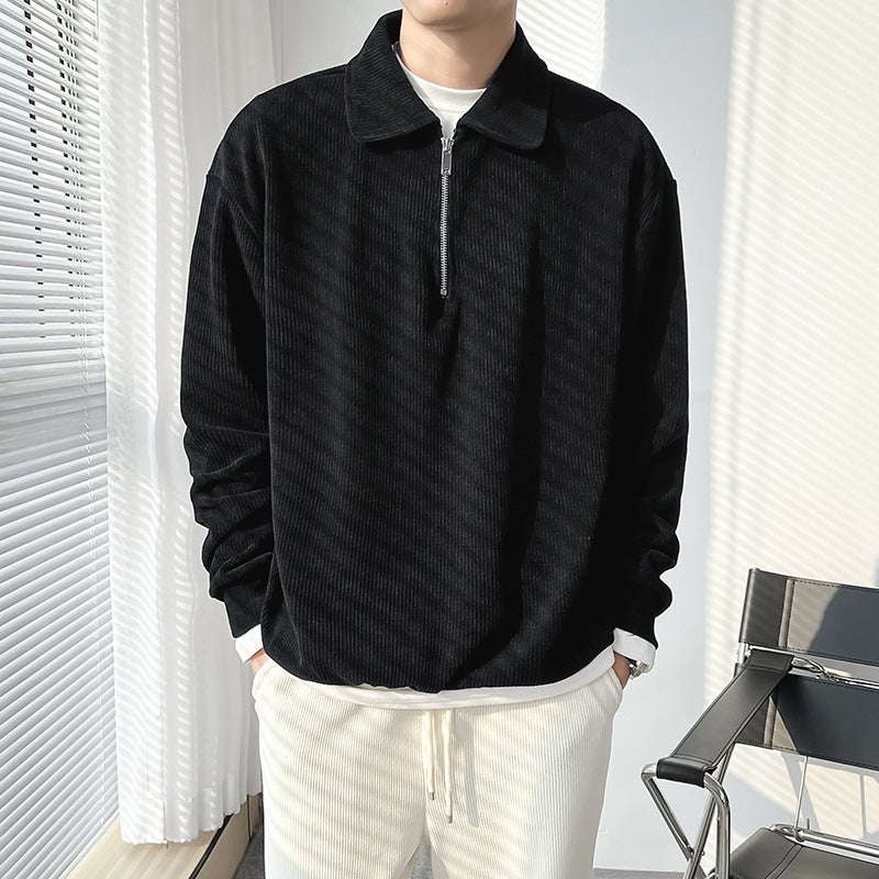 Mens Zip-up Polo Hoodie Autumn Stripe Jacket 8240-Black  - Image 1