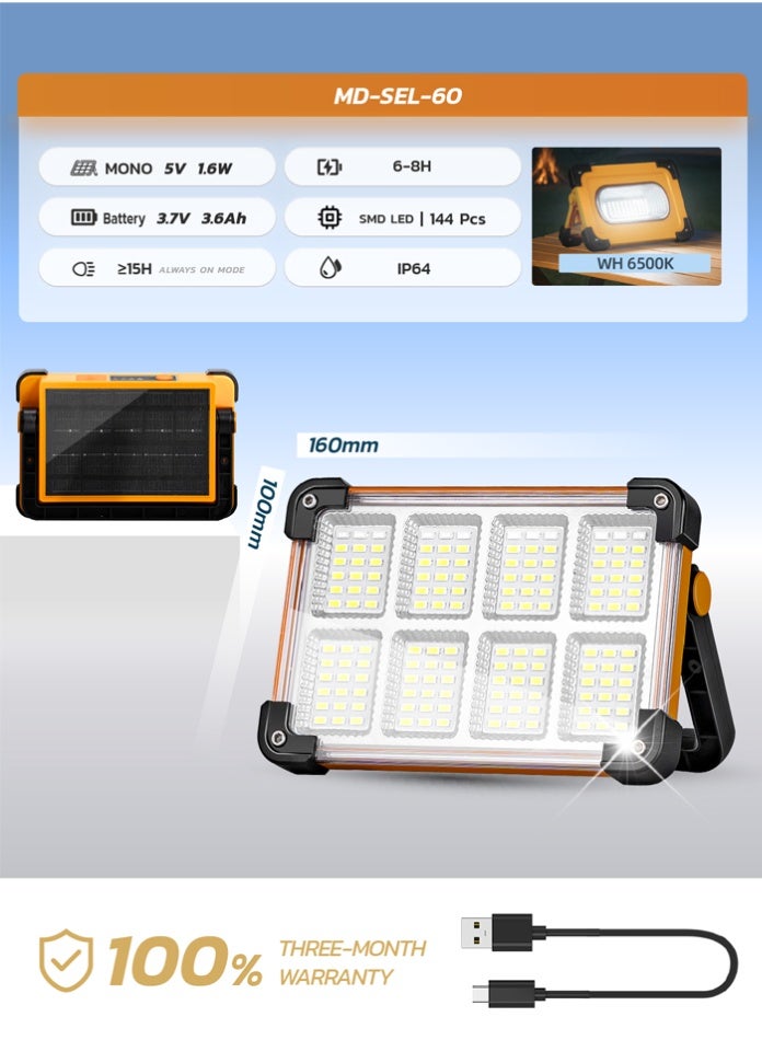 MODI Solar Work Light Rechargeable 3.6Ah – 144 LED Portable Floodlight, 4 Modes, 15H Runtime, IP64 Waterproof, USB Backup Charging, Emergency & Outdoor Job Site Light. - Image 5
