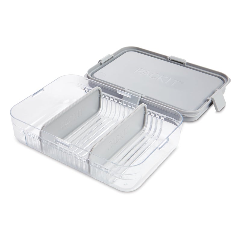 PackIt Mod Lunch Bento Food Storage Container  Steel Gray  Shatterproof Crystal Clear Base  with Leak-resistant Dividers and Lid  Microwavable  Dishwasher Safe  Perfect for Meal Prep - Image 1