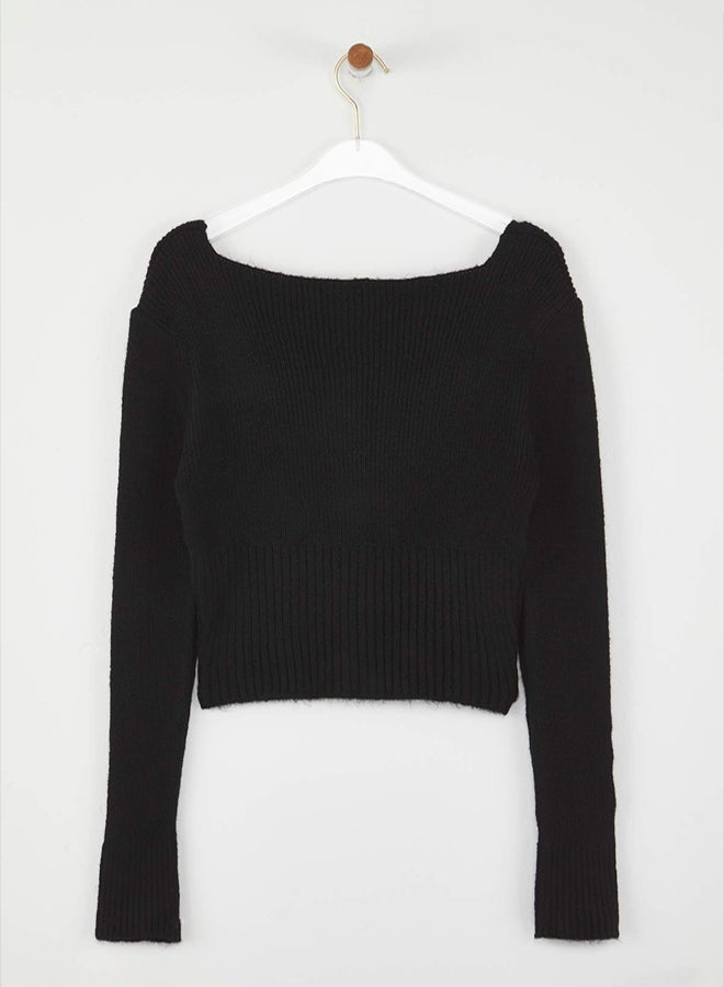 trendyol Black Crop Square Neck Knitwear Soft Texture Fitted/Body Hugging Cardigan - Image 5