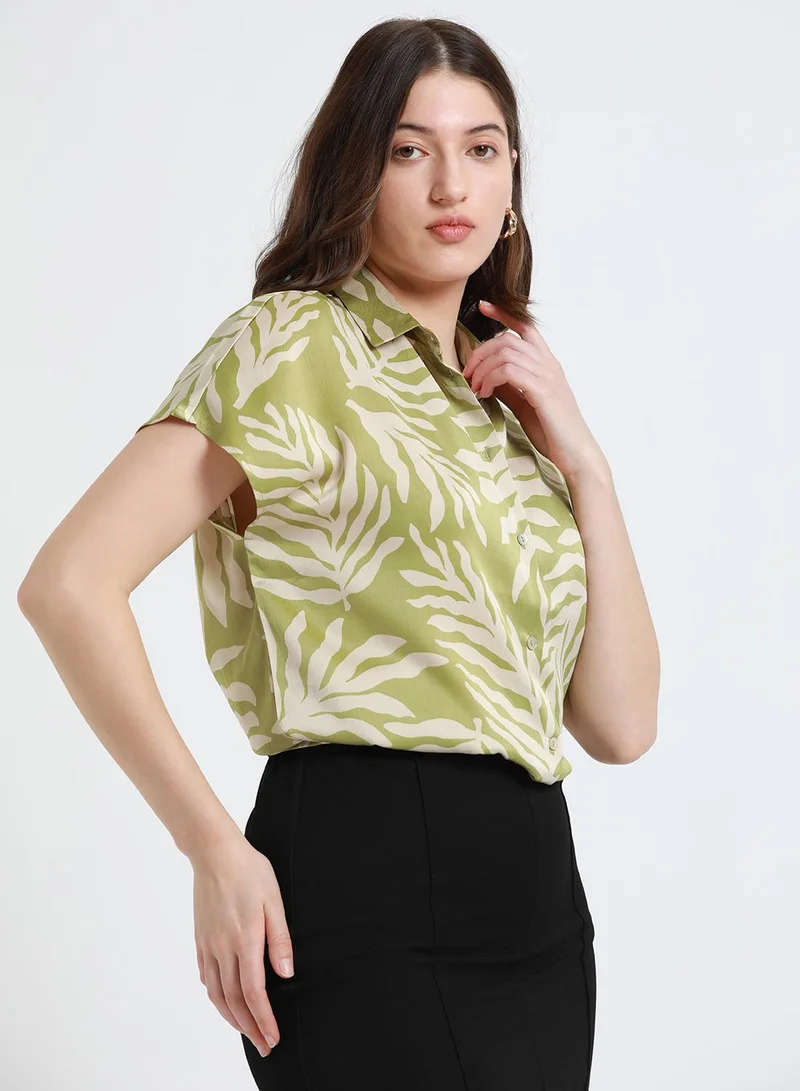 Women'S Light Olive Polyester Blend Printed Button Down Relaxed Shirt