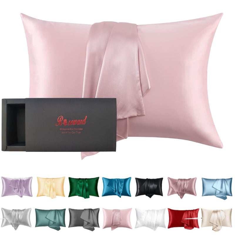 ROSEWARD Pink Silk Pillow Cases with Zipper Made in USA, 100% 22 Momme Mulberry Silk Pillowcase for Hair and Skin, Acne Free, Anti Aging, Anti Wrinkle, Hypoallergenic (Pink, Standard) - Image 1