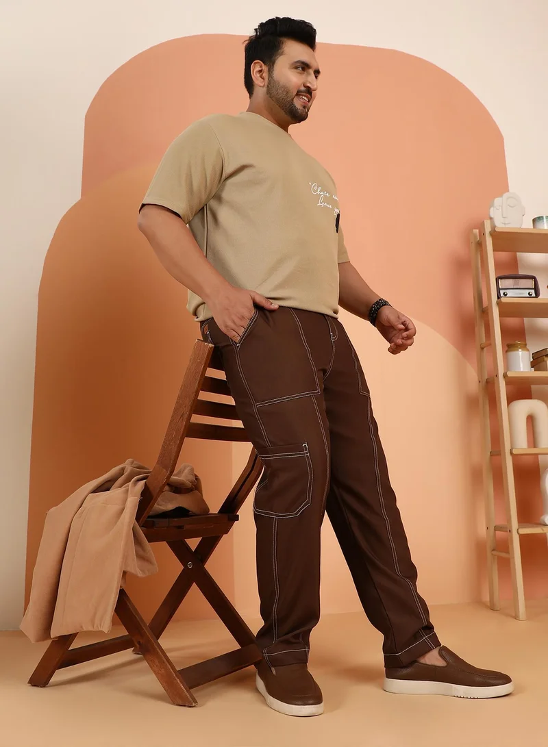 Instafab Plus  Instafab Plus Men's Mocha Brown Contrast-Stitch Carpenter Utility Trousers For Casual Wear | Mid-Rise | Straight Fit | Button Closure | Plus Size Trousers Crafted With Comfort Fit For Everyday Wear for Men | Best Price UAE