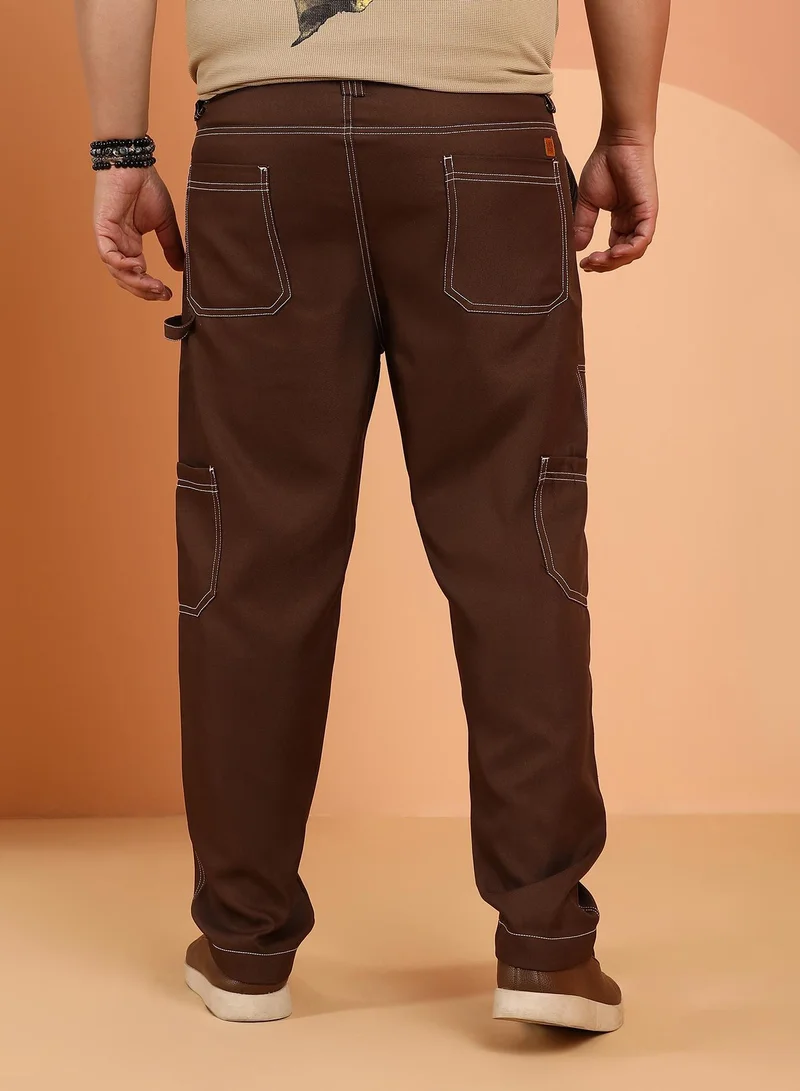 Instafab Plus  Instafab Plus Men's Mocha Brown Contrast-Stitch Carpenter Utility Trousers For Casual Wear | Mid-Rise | Straight Fit | Button Closure | Plus Size Trousers Crafted With Comfort Fit For Everyday Wear for Men | Best Price UAE