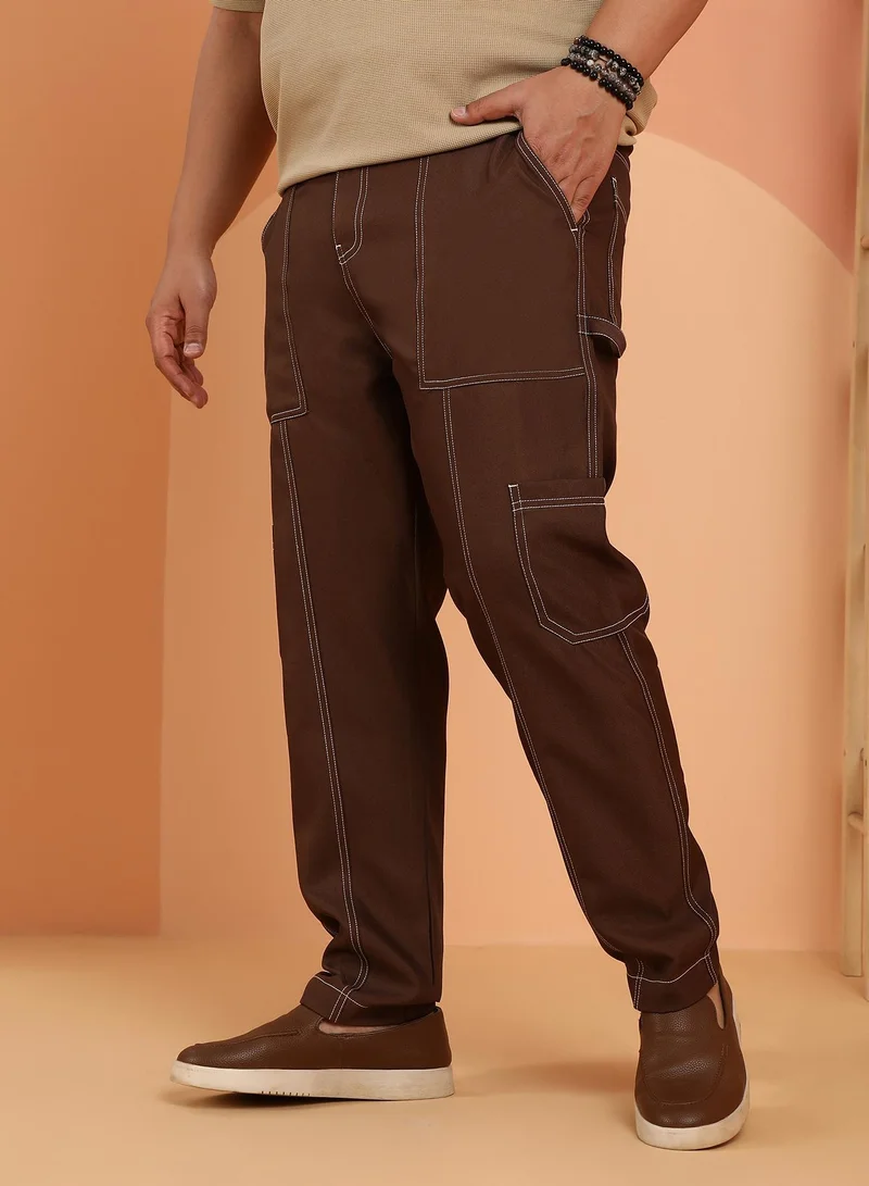 Instafab Plus  Instafab Plus Men's Mocha Brown Contrast-Stitch Carpenter Utility Trousers For Casual Wear | Mid-Rise | Straight Fit | Button Closure | Plus Size Trousers Crafted With Comfort Fit For Everyday Wear for Men | Best Price UAE