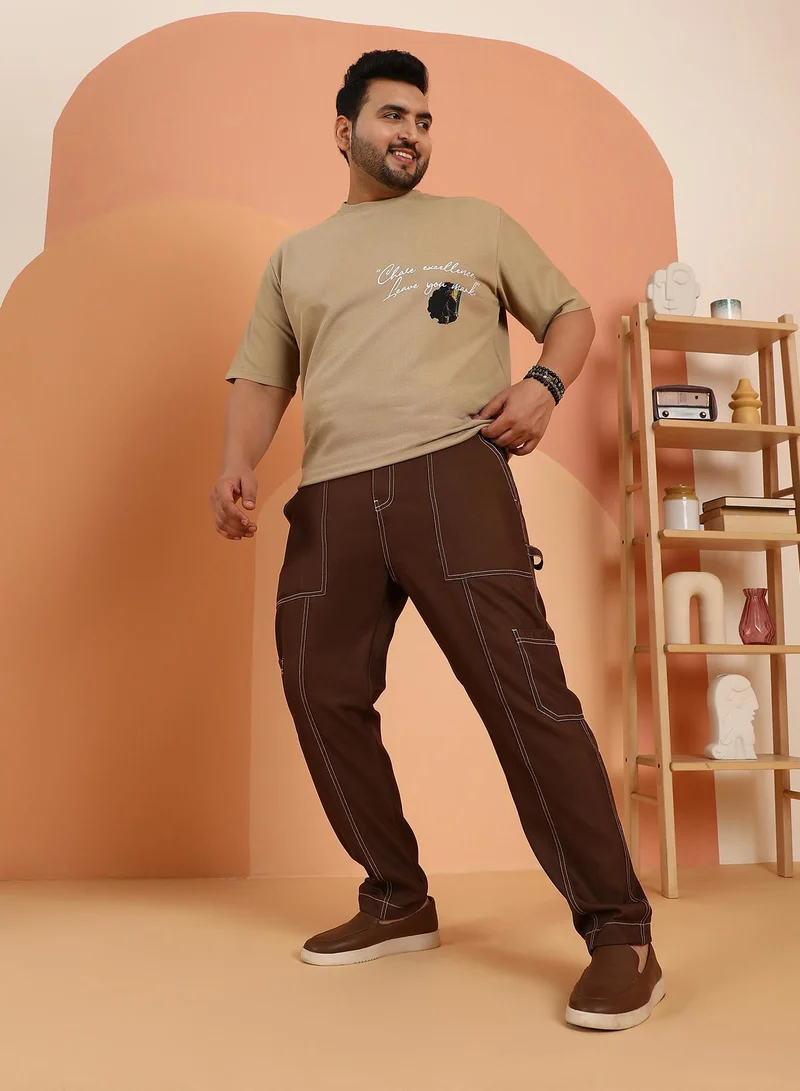 Instafab Plus  Instafab Plus Men's Mocha Brown Contrast-Stitch Carpenter Utility Trousers For Casual Wear | Mid-Rise | Straight Fit | Button Closure | Plus Size Trousers Crafted With Comfort Fit For Everyday Wear for Men | Best Price UAE